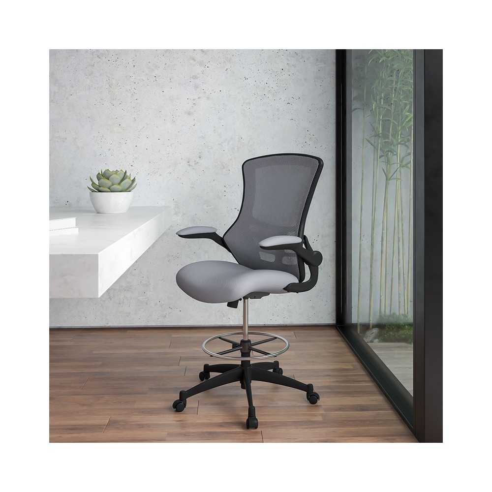 Mid-Back Dark Gray Mesh Ergonomic Drafting Chair with Adjustable Foot Ring and Flip-Up Arms