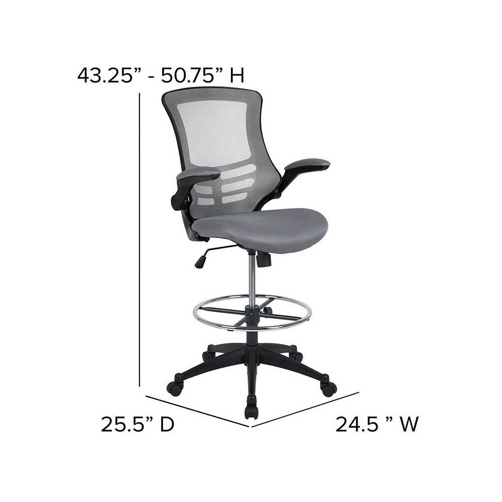 Mid-Back Dark Gray Mesh Ergonomic Drafting Chair with Adjustable Foot Ring and Flip-Up Arms