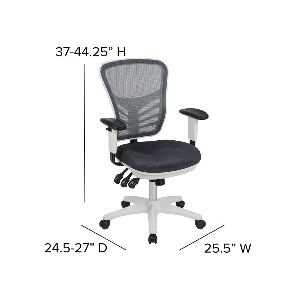 Mid-Back Dark Gray Mesh Multifunction Executive Swivel Ergonomic Office Chair with Adjustable Arms and White Frame