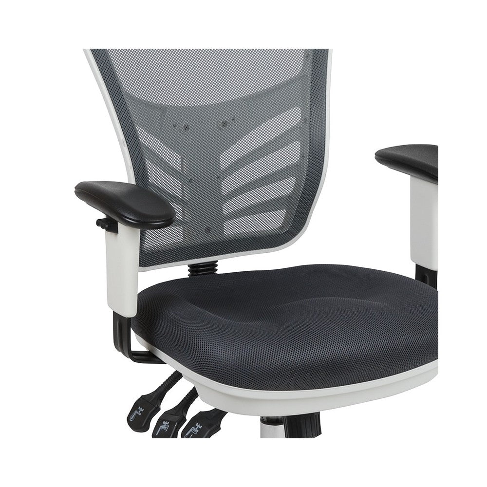 Mid-Back Dark Gray Mesh Multifunction Executive Swivel Ergonomic Office Chair with Adjustable Arms and White Frame