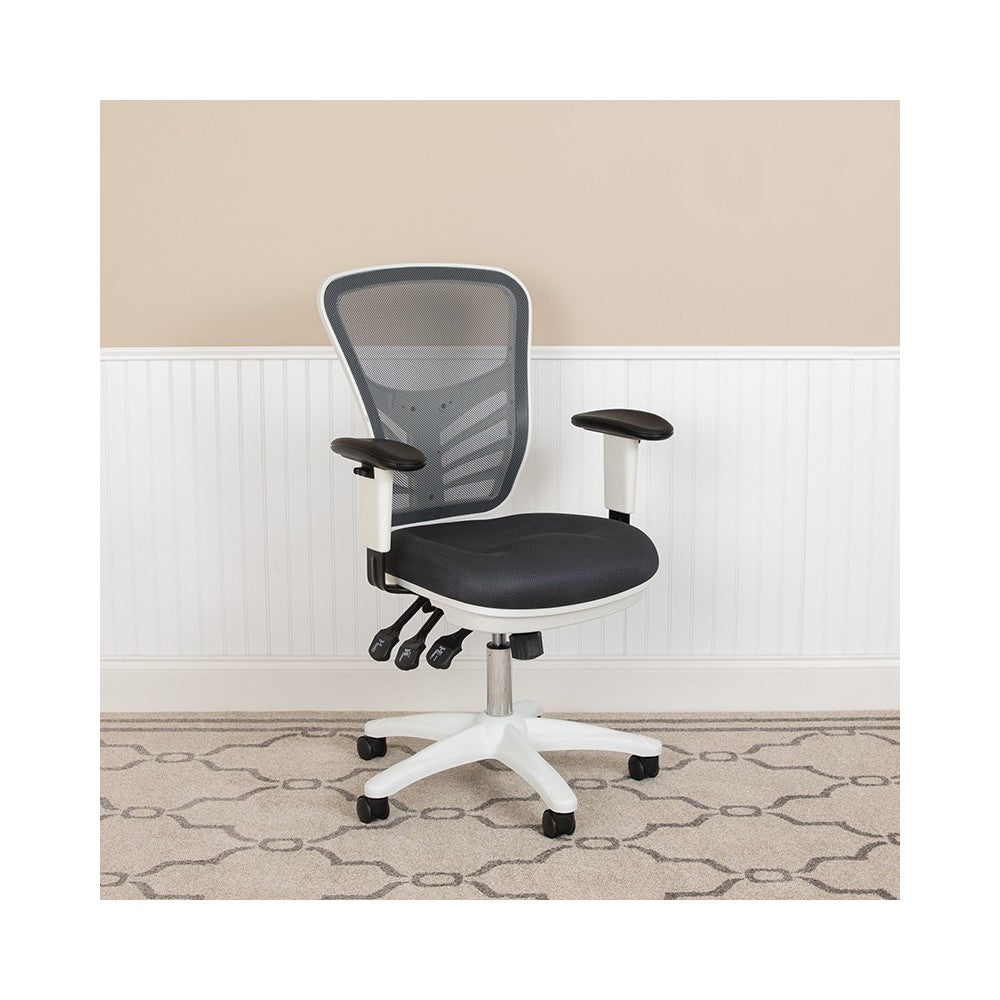 Mid-Back Dark Gray Mesh Multifunction Executive Swivel Ergonomic Office Chair with Adjustable Arms and White Frame