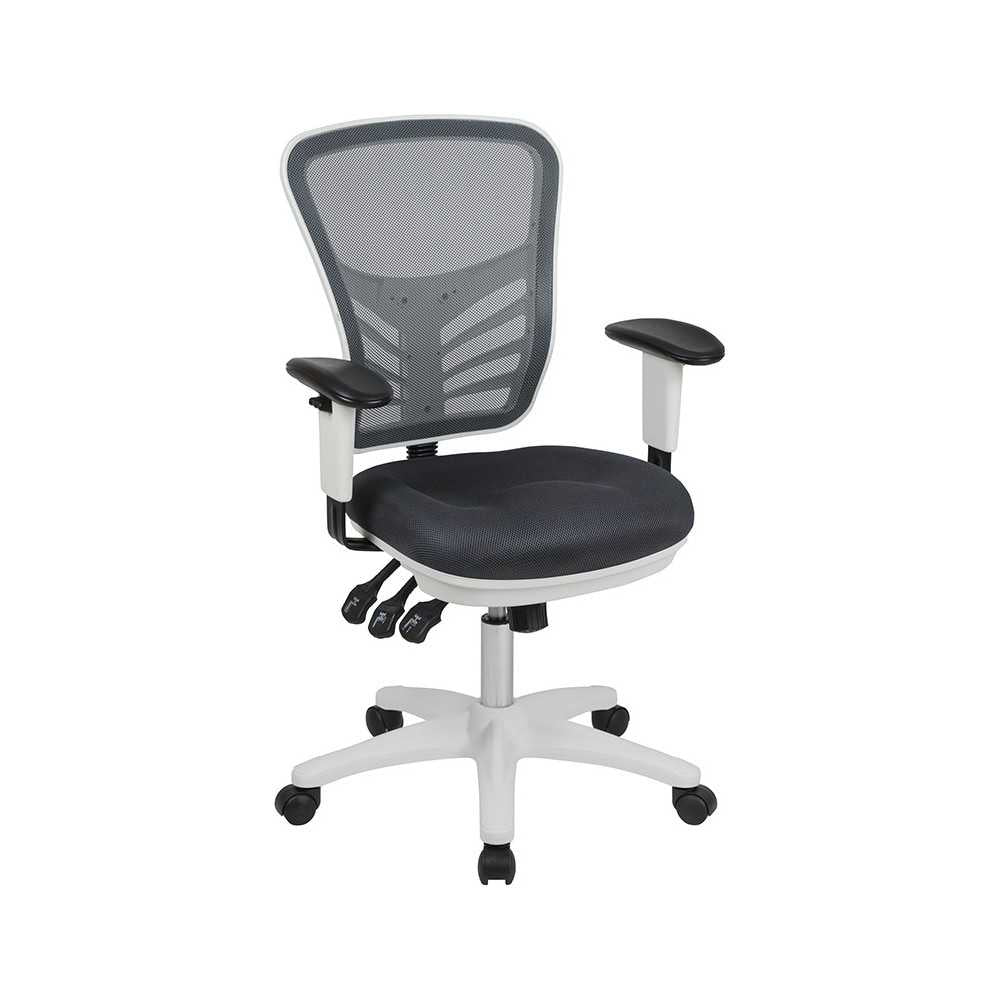 Mid-Back Dark Gray Mesh Multifunction Executive Swivel Ergonomic Office Chair with Adjustable Arms and White Frame