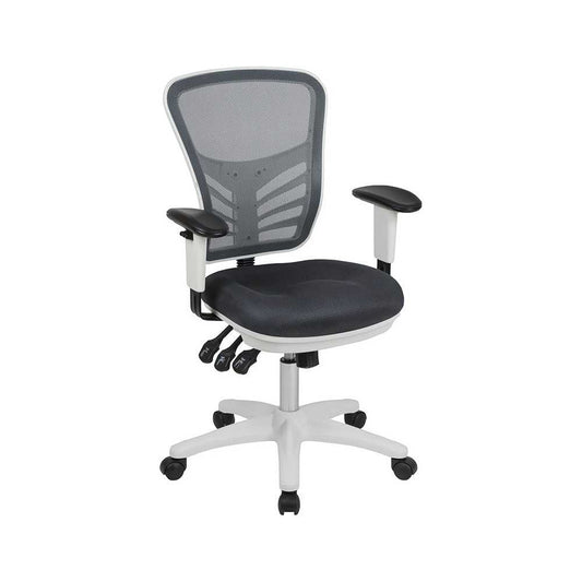 Mid-Back Dark Gray Mesh Multifunction Executive Swivel Ergonomic Office Chair with Adjustable Arms and White Frame