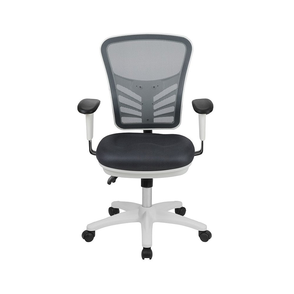Mid-Back Dark Gray Mesh Multifunction Executive Swivel Ergonomic Office Chair with Adjustable Arms and White Frame