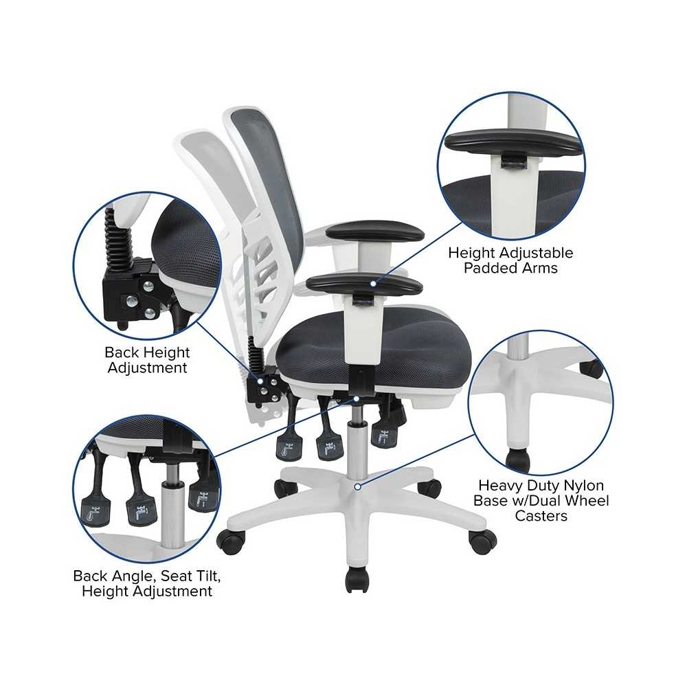 Mid-Back Dark Gray Mesh Multifunction Executive Swivel Ergonomic Office Chair with Adjustable Arms and White Frame