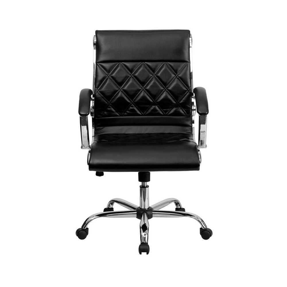 Mid-Back Designer Black LeatherSoft Executive Swivel Office Chair with Chrome Base and Arms