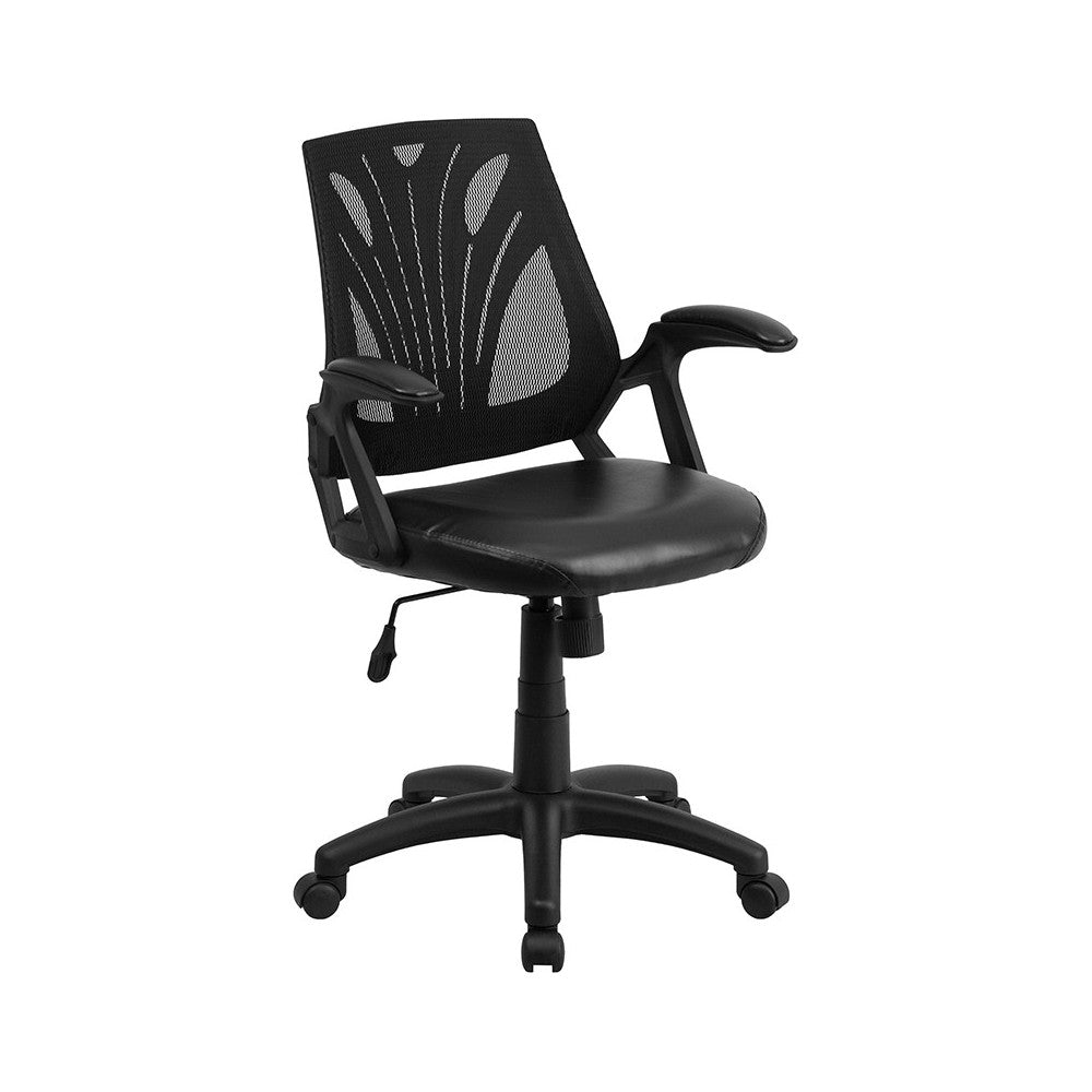 Mid-Back Designer Black Mesh Swivel Task Office Chair with LeatherSoft Seat and Open Arms