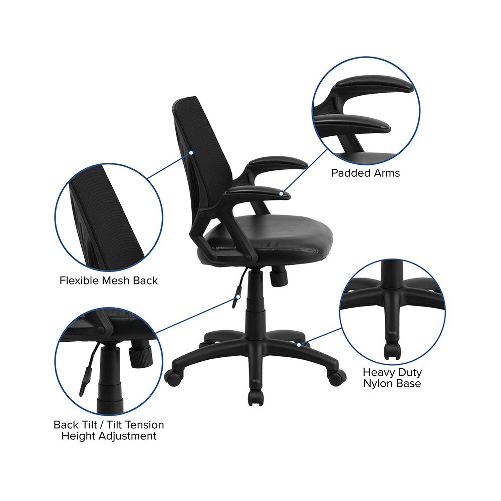 Mid-Back Designer Black Mesh Swivel Task Office Chair with LeatherSoft Seat and Open Arms