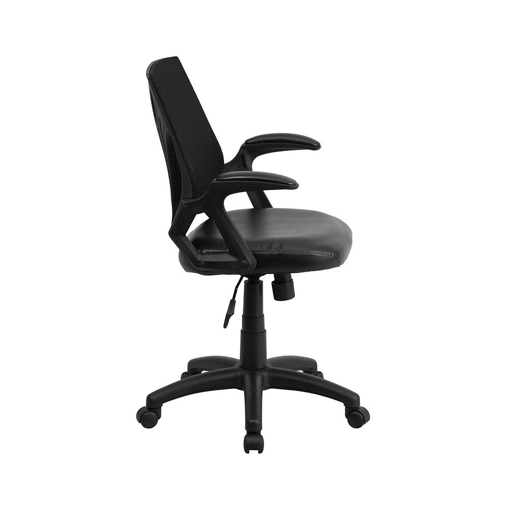 Mid-Back Designer Black Mesh Swivel Task Office Chair with LeatherSoft Seat and Open Arms