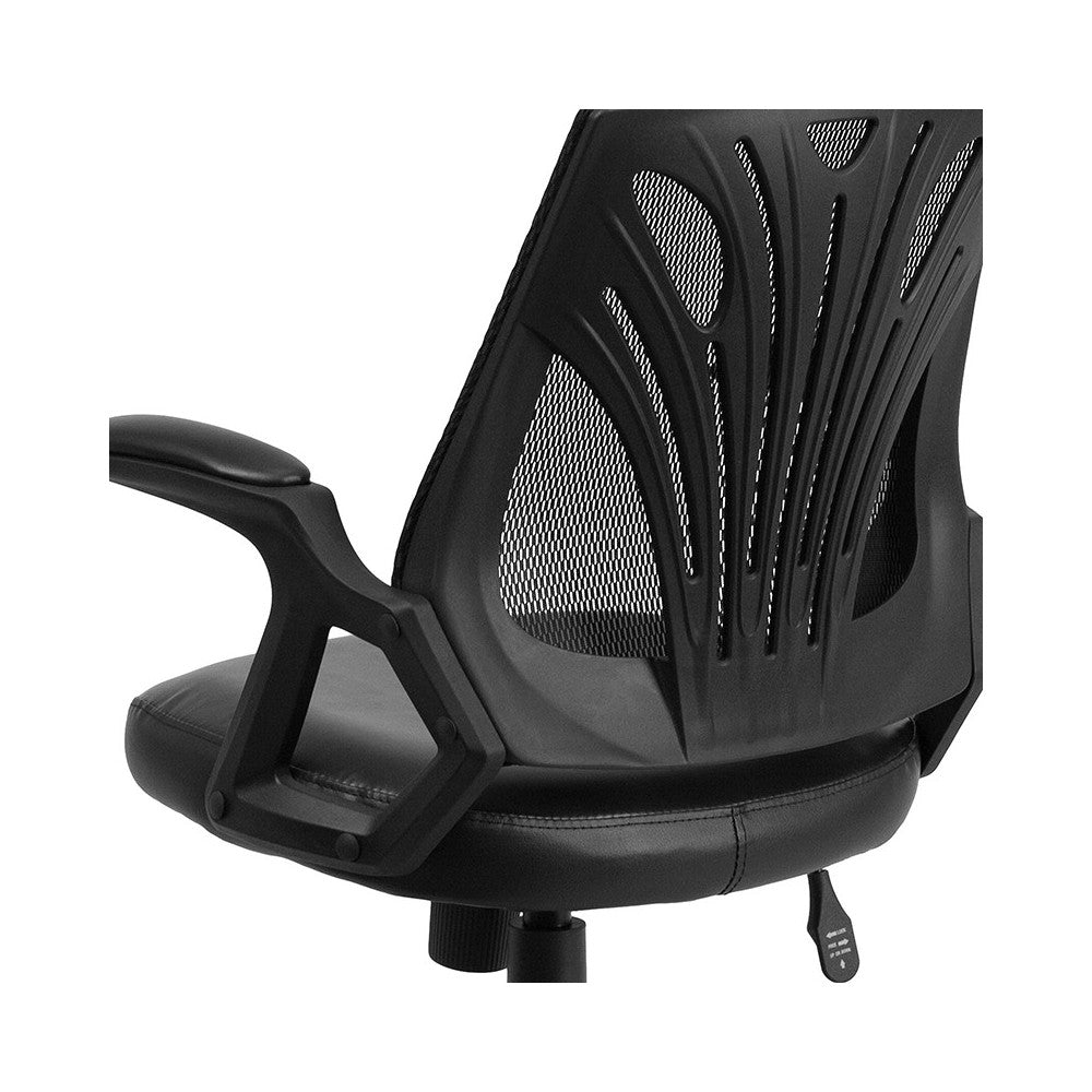 Mid-Back Designer Black Mesh Swivel Task Office Chair with LeatherSoft Seat and Open Arms