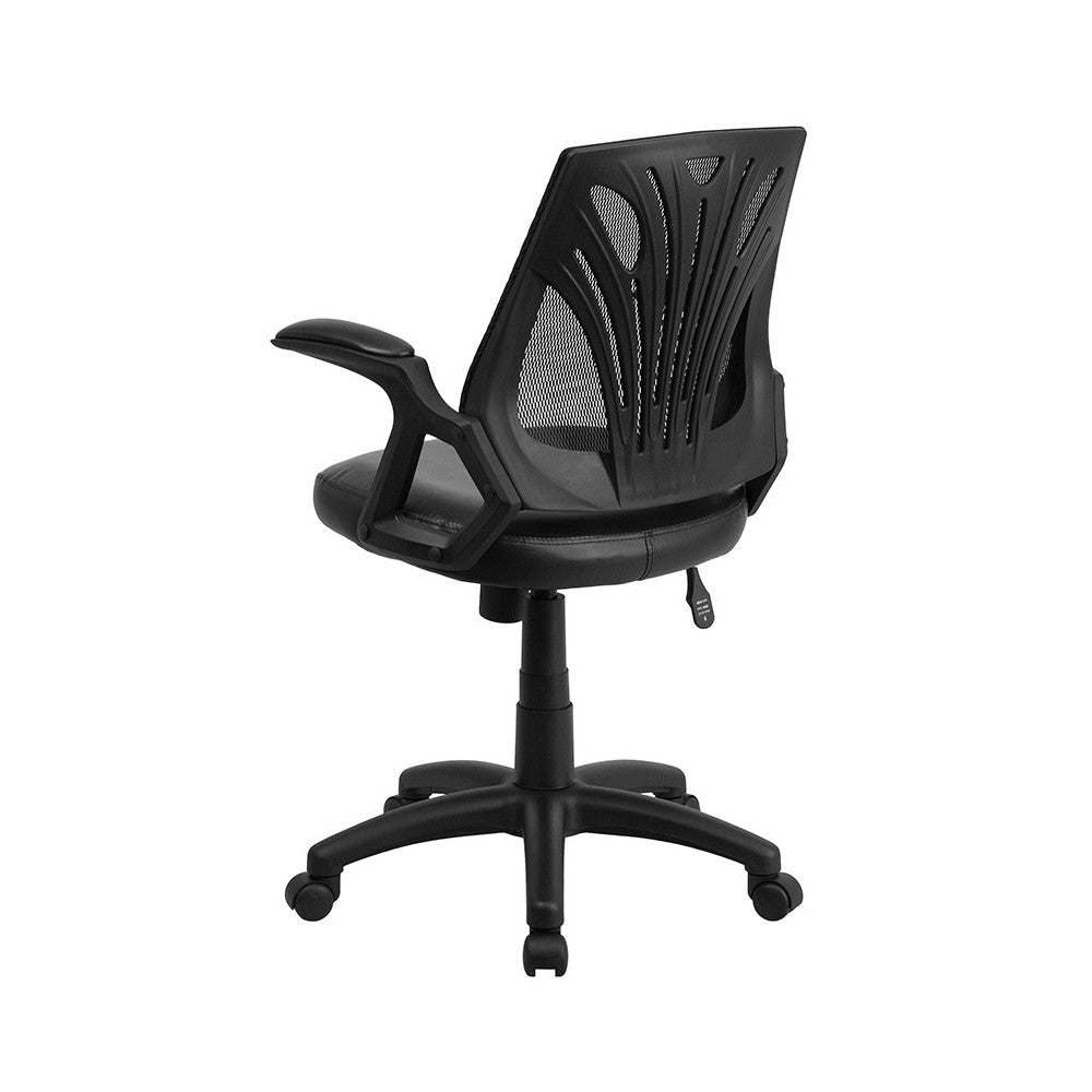 Mid-Back Designer Black Mesh Swivel Task Office Chair with LeatherSoft Seat and Open Arms