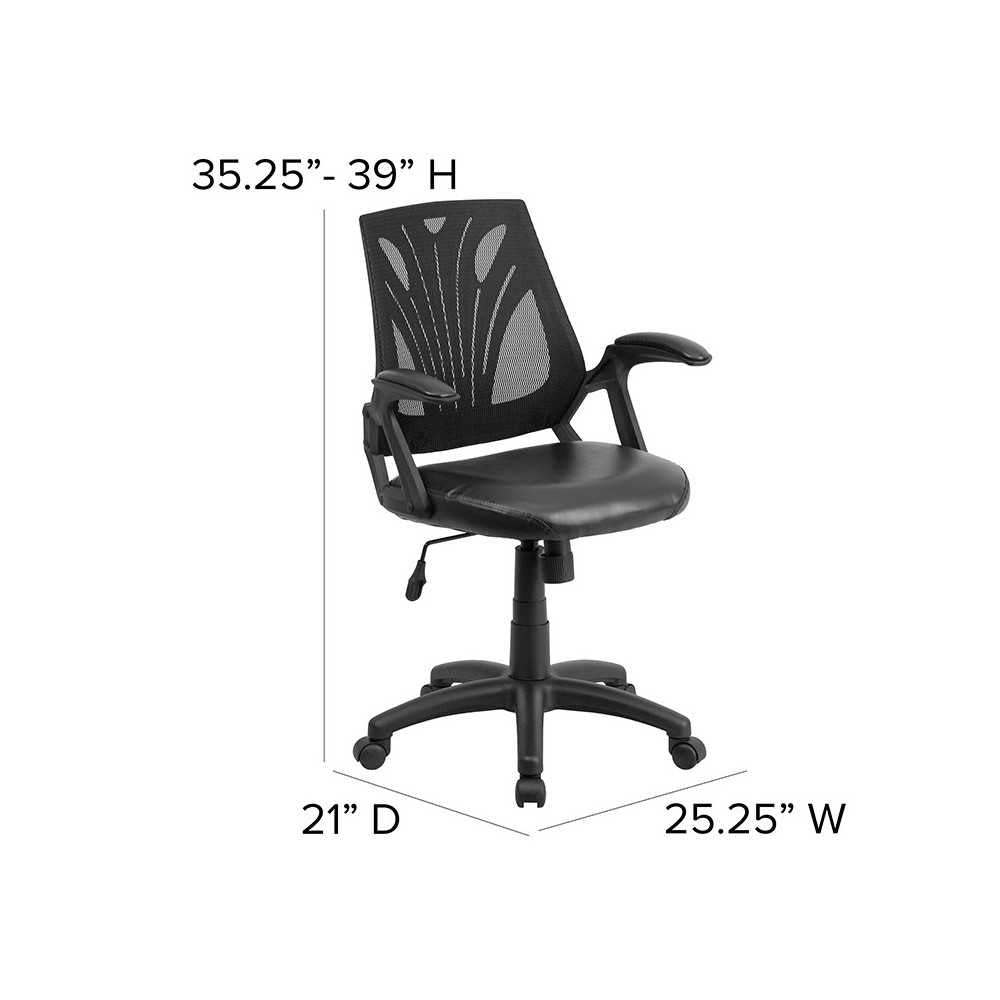 Mid-Back Designer Black Mesh Swivel Task Office Chair with LeatherSoft Seat and Open Arms