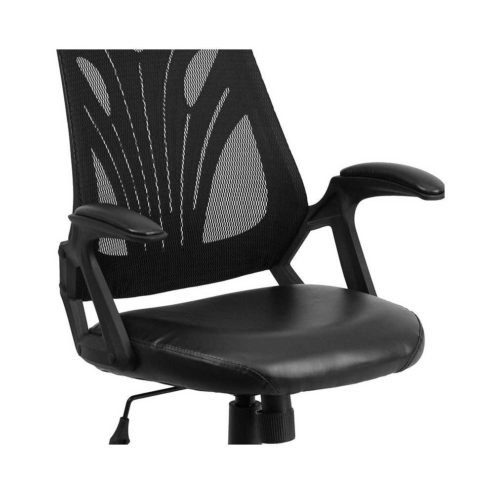 Mid-Back Designer Black Mesh Swivel Task Office Chair with LeatherSoft Seat and Open Arms