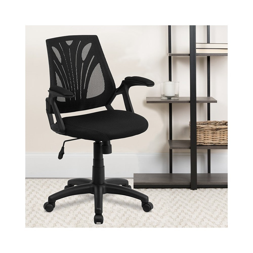Mid-Back Designer Black Mesh Swivel Task Office Chair with Open Arms