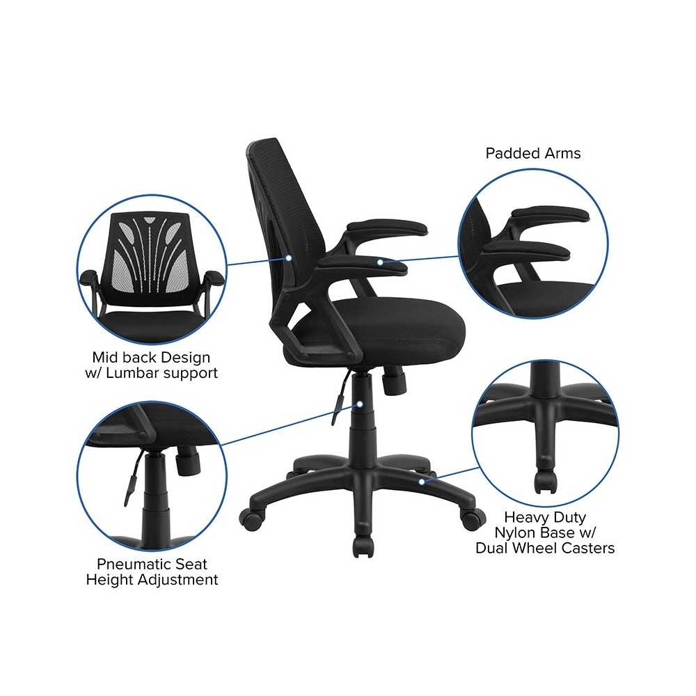 Mid-Back Designer Black Mesh Swivel Task Office Chair with Open Arms