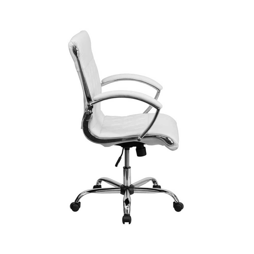 Mid-Back Designer White LeatherSoft Executive Swivel Office Chair with Chrome Base and Arms