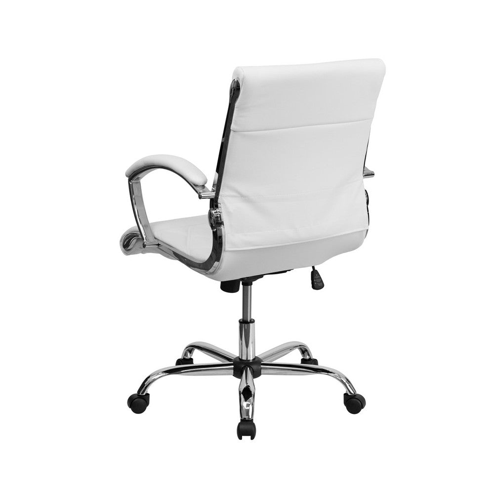 Mid-Back Designer White LeatherSoft Executive Swivel Office Chair with Chrome Base and Arms