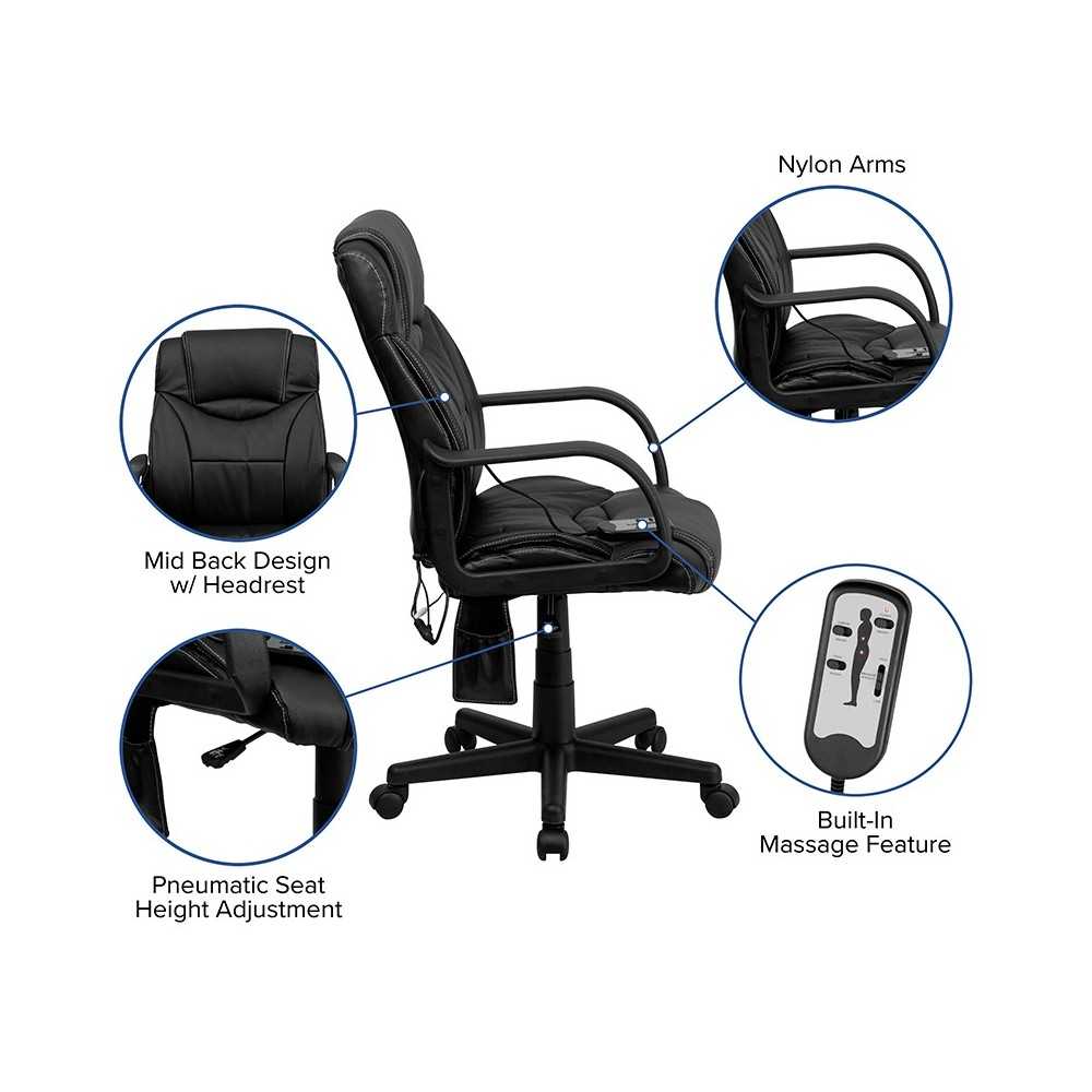 Mid-Back Ergonomic Massaging Black LeatherSoft Executive Swivel Office Chair with Arms