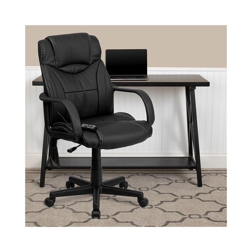Mid-Back Ergonomic Massaging Black LeatherSoft Executive Swivel Office Chair with Arms