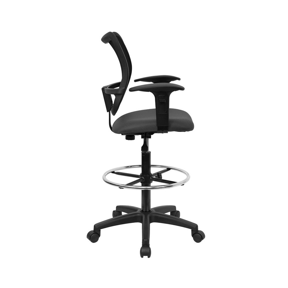 Mid-Back Gray Mesh Drafting Chair with Adjustable Arms