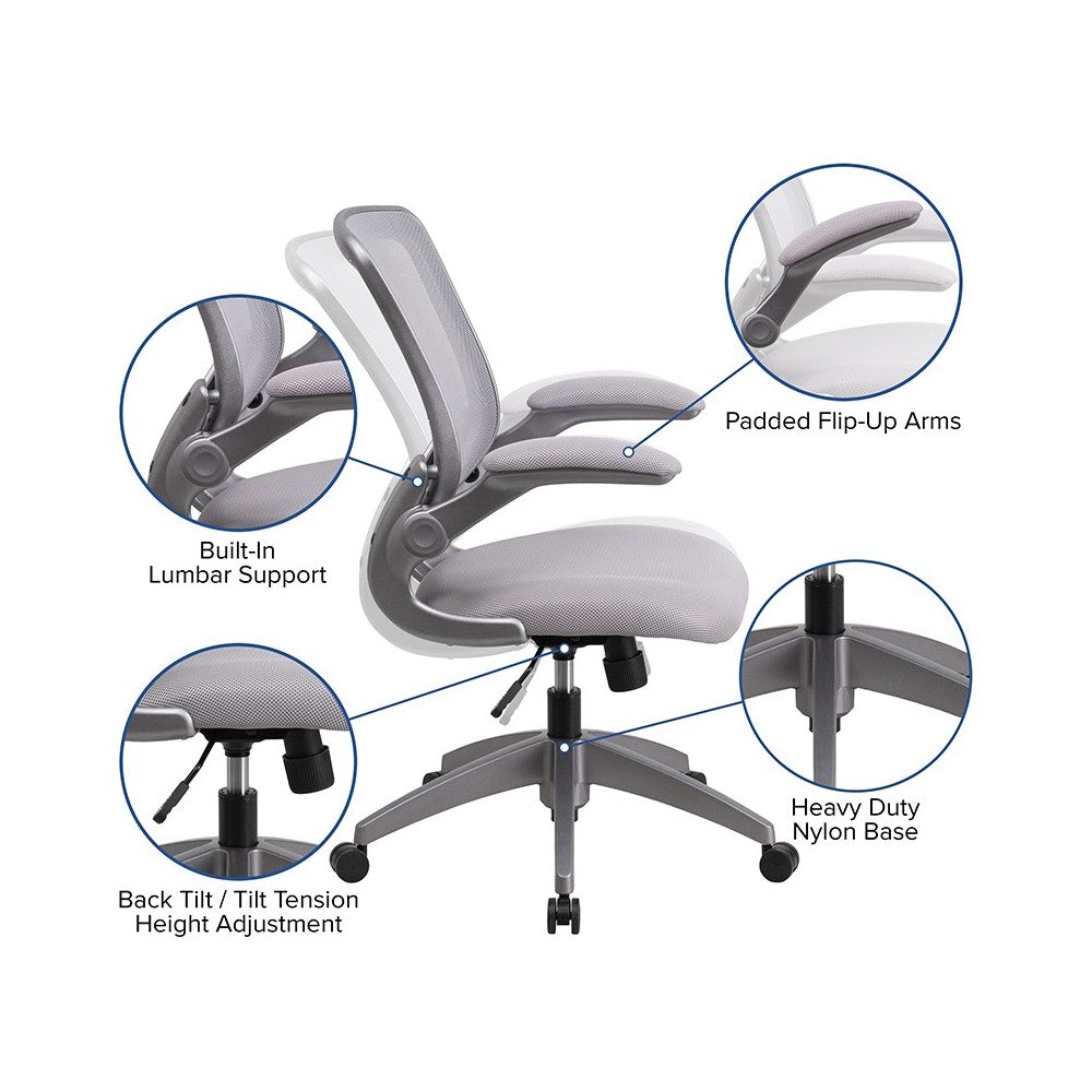 Mid-Back Gray Mesh Swivel Ergonomic Task Office Chair with Gray Frame and Flip-Up Arms