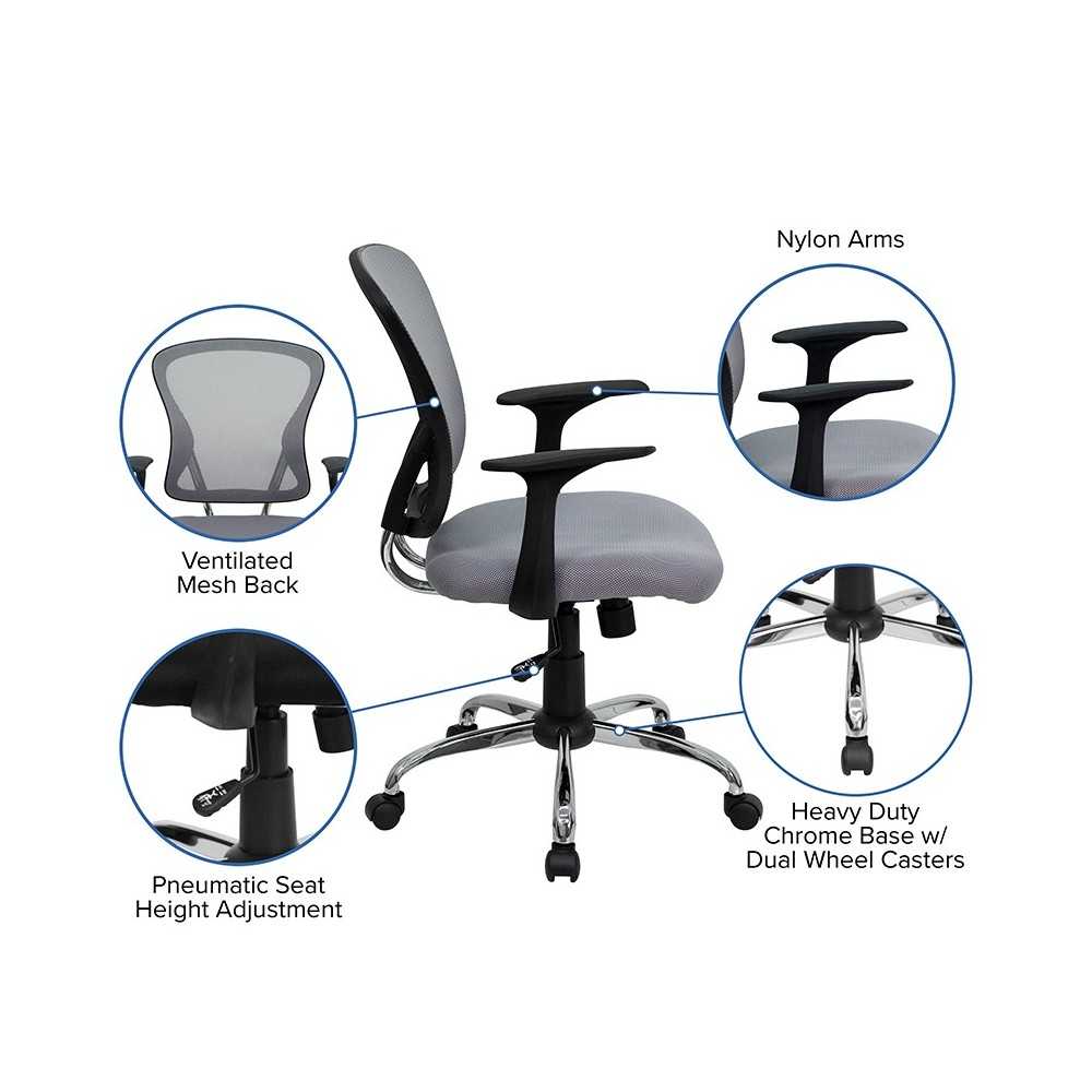 Mid-Back Gray Mesh Swivel Task Office Chair with Chrome Base and Arms