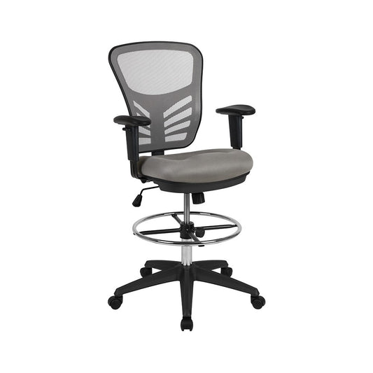 Mid-Back Light Gray Mesh Ergonomic Drafting Chair with Adjustable Chrome Foot Ring, Adjustable Arms and Black Frame