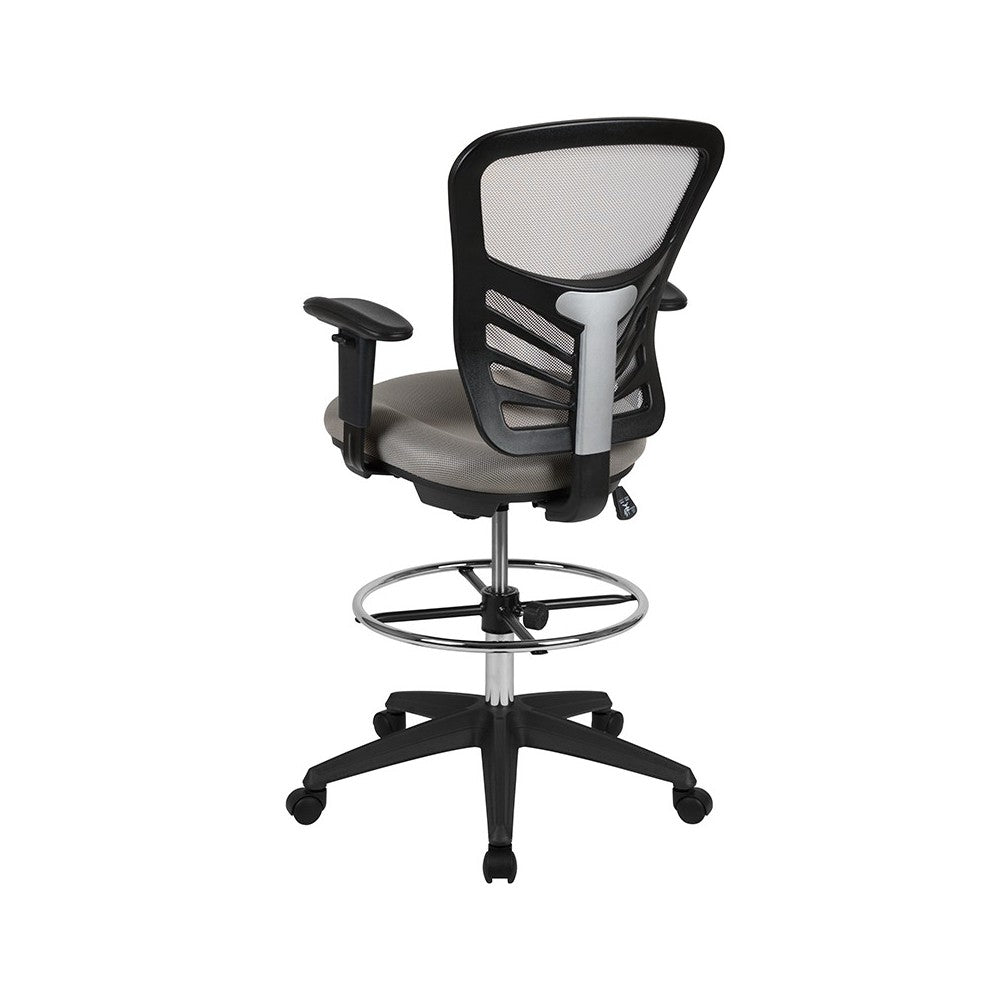 Mid-Back Light Gray Mesh Ergonomic Drafting Chair with Adjustable Chrome Foot Ring, Adjustable Arms and Black Frame