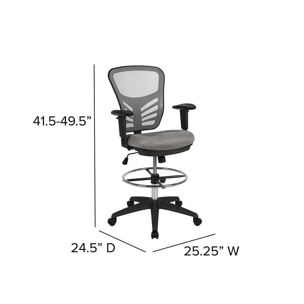 Mid-Back Light Gray Mesh Ergonomic Drafting Chair with Adjustable Chrome Foot Ring, Adjustable Arms and Black Frame