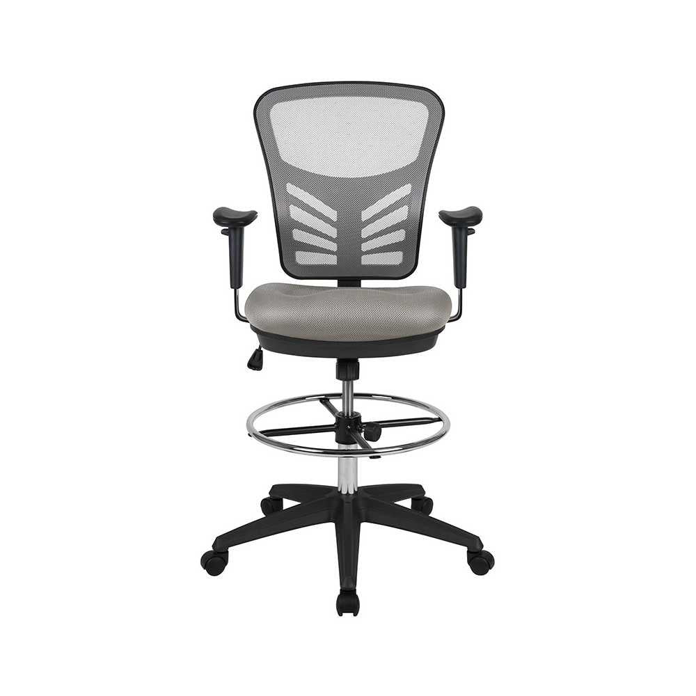 Mid-Back Light Gray Mesh Ergonomic Drafting Chair with Adjustable Chrome Foot Ring, Adjustable Arms and Black Frame