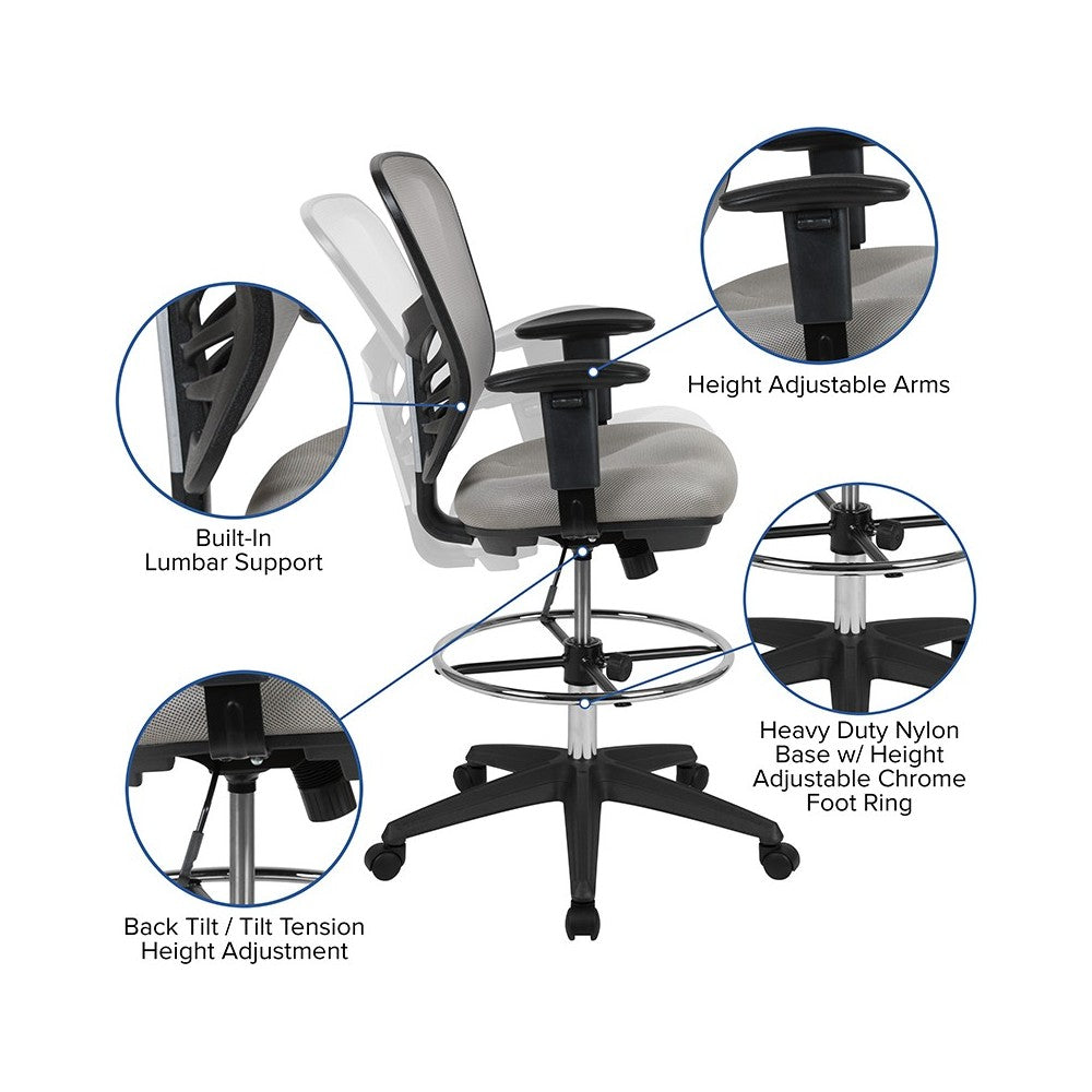Mid-Back Light Gray Mesh Ergonomic Drafting Chair with Adjustable Chrome Foot Ring, Adjustable Arms and Black Frame
