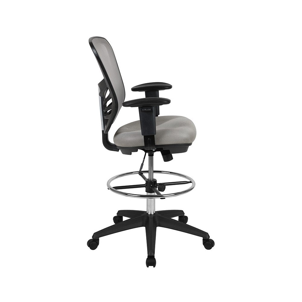 Mid-Back Light Gray Mesh Ergonomic Drafting Chair with Adjustable Chrome Foot Ring, Adjustable Arms and Black Frame