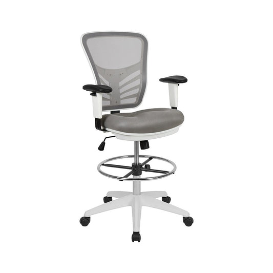 Mid-Back Light Gray Mesh Ergonomic Drafting Chair with Adjustable Chrome Foot Ring, Adjustable Arms and White Frame