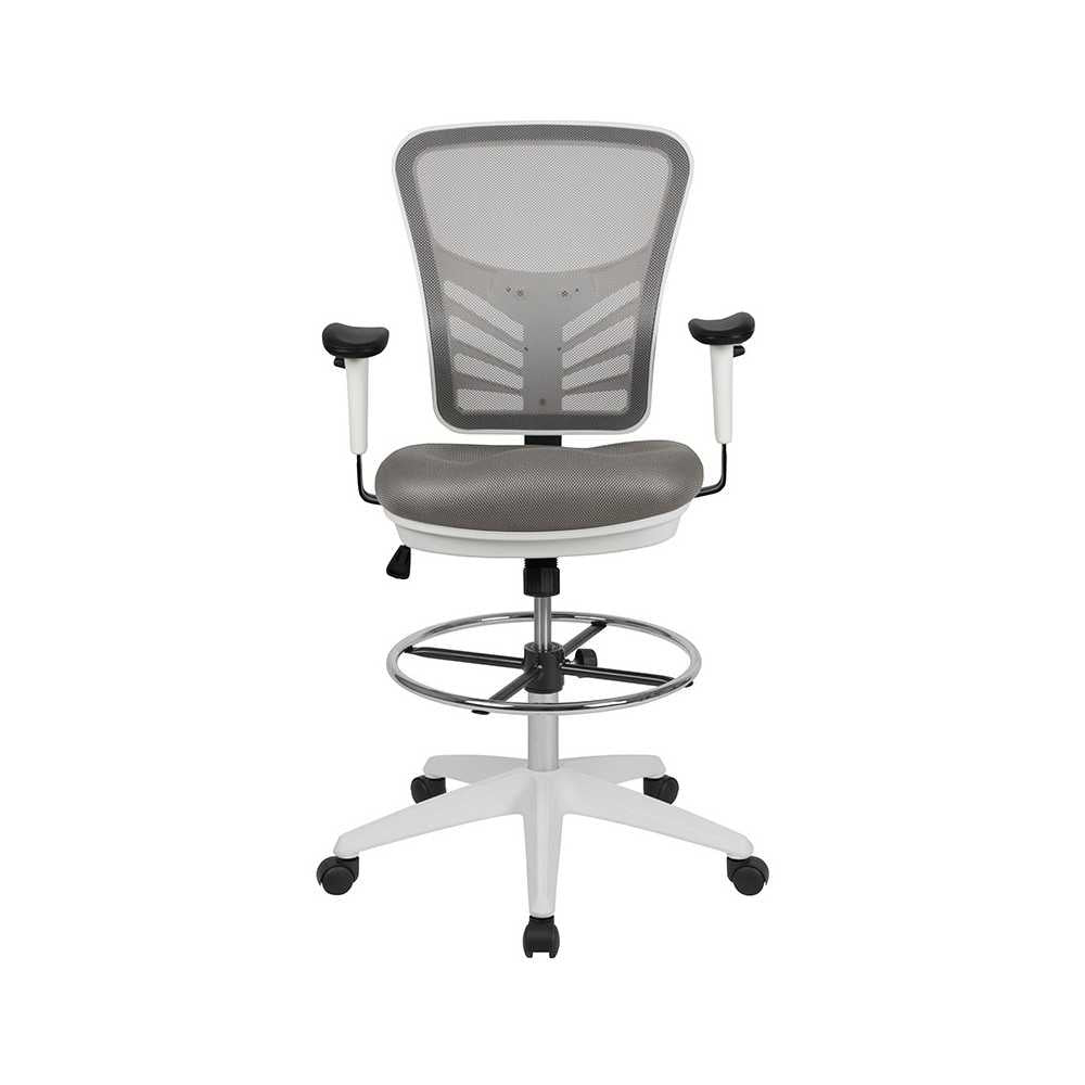 Mid-Back Light Gray Mesh Ergonomic Drafting Chair with Adjustable Chrome Foot Ring, Adjustable Arms and White Frame