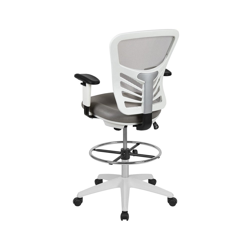 Mid-Back Light Gray Mesh Ergonomic Drafting Chair with Adjustable Chrome Foot Ring, Adjustable Arms and White Frame