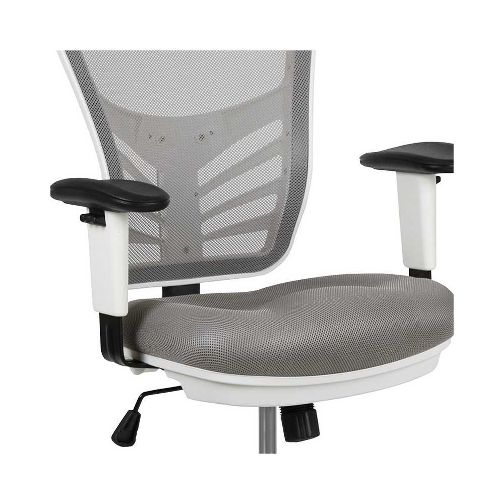 Mid-Back Light Gray Mesh Ergonomic Drafting Chair with Adjustable Chrome Foot Ring, Adjustable Arms and White Frame