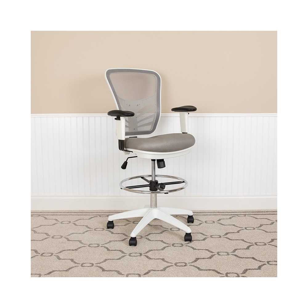 Mid-Back Light Gray Mesh Ergonomic Drafting Chair with Adjustable Chrome Foot Ring, Adjustable Arms and White Frame