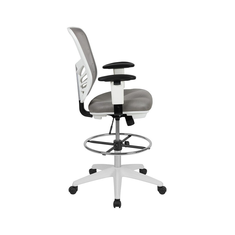 Mid-Back Light Gray Mesh Ergonomic Drafting Chair with Adjustable Chrome Foot Ring, Adjustable Arms and White Frame