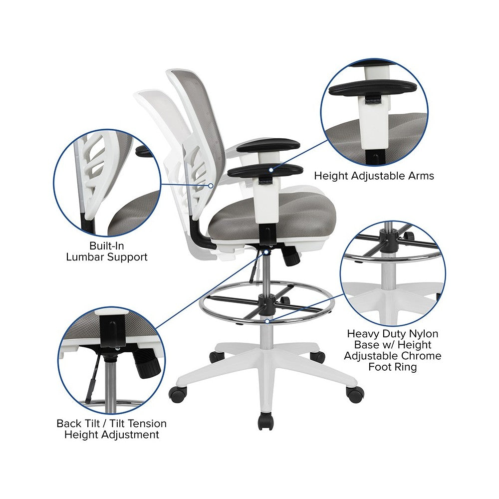 Mid-Back Light Gray Mesh Ergonomic Drafting Chair with Adjustable Chrome Foot Ring, Adjustable Arms and White Frame
