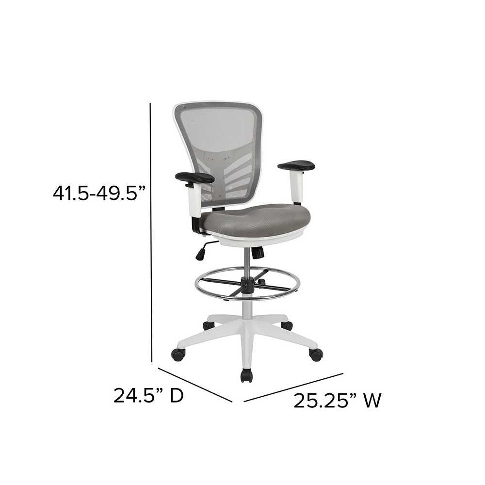 Mid-Back Light Gray Mesh Ergonomic Drafting Chair with Adjustable Chrome Foot Ring, Adjustable Arms and White Frame
