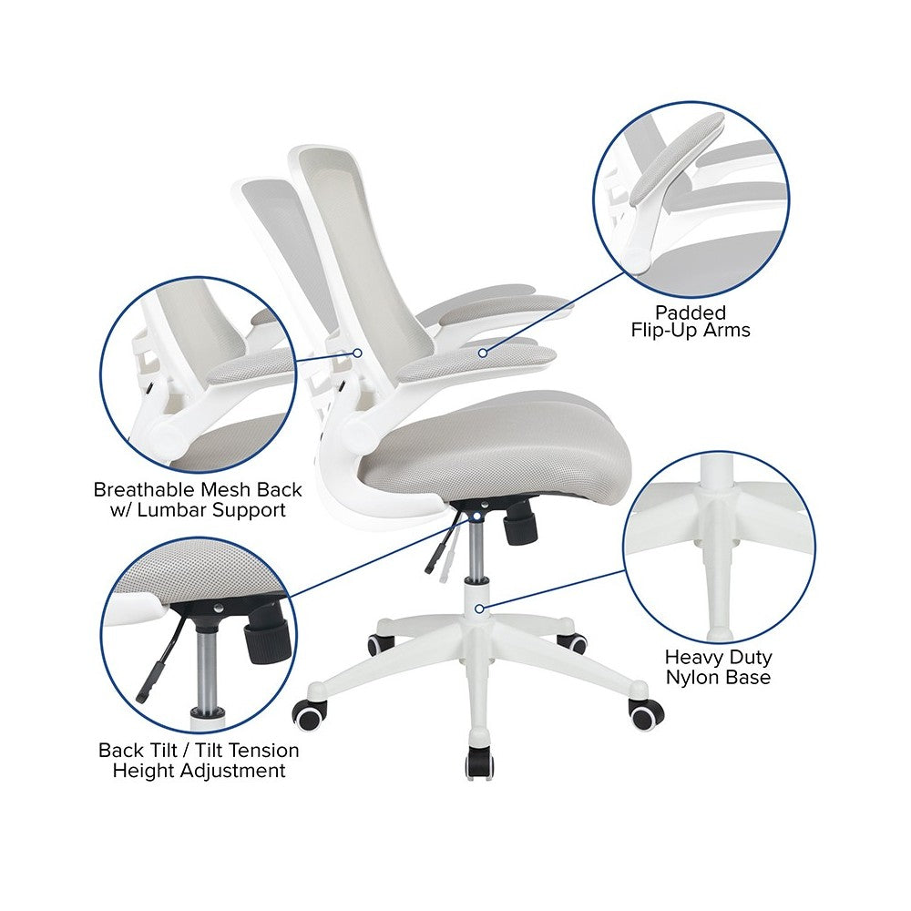 Mid-Back Light Gray Mesh Swivel Ergonomic Task Office Chair with White Frame and Flip-Up Arms