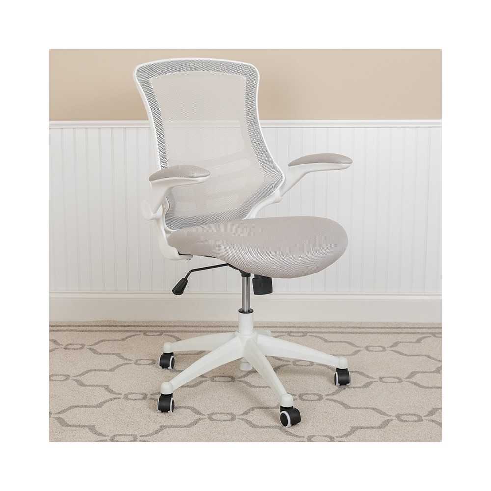 Mid-Back Light Gray Mesh Swivel Ergonomic Task Office Chair with White Frame and Flip-Up Arms