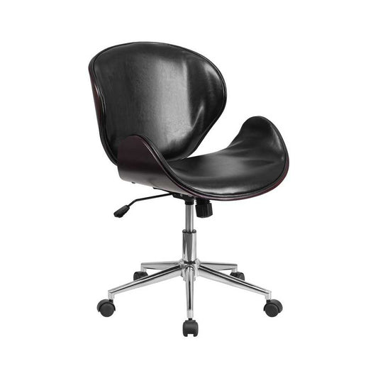 Mid-Back Mahogany Wood Conference Office Chair in Black LeatherSoft