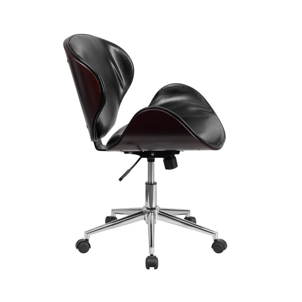 Mid-Back Mahogany Wood Conference Office Chair in Black LeatherSoft