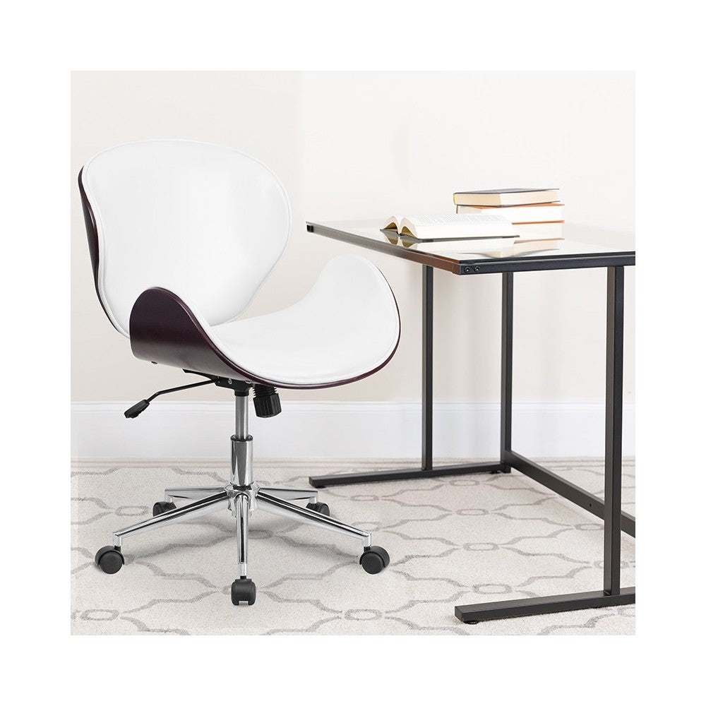 Mid-Back Mahogany Wood Conference Office Chair in White LeatherSoft