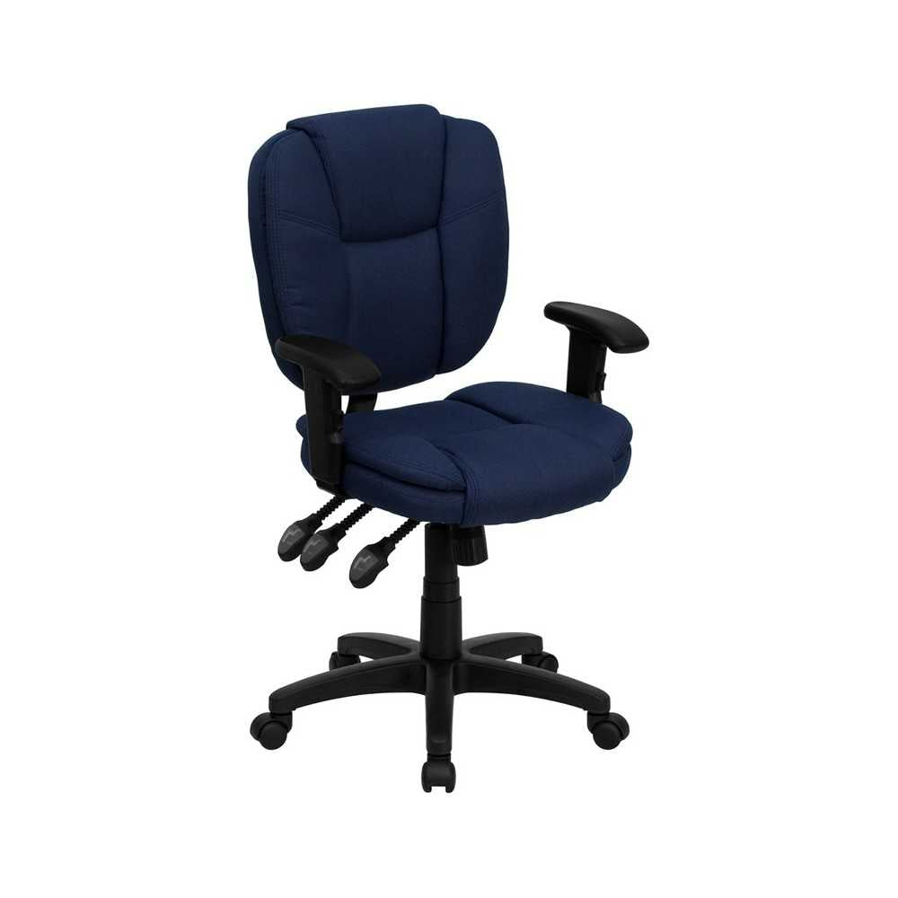 Mid-Back Navy Blue Fabric Multifunction Swivel Ergonomic Task Office Chair with Pillow Top Cushioning and Arms