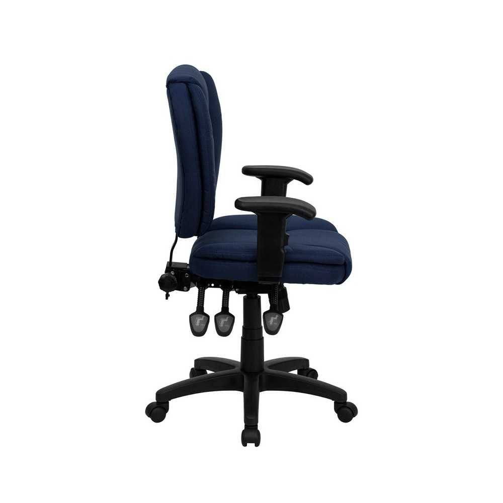Mid-Back Navy Blue Fabric Multifunction Swivel Ergonomic Task Office Chair with Pillow Top Cushioning and Arms