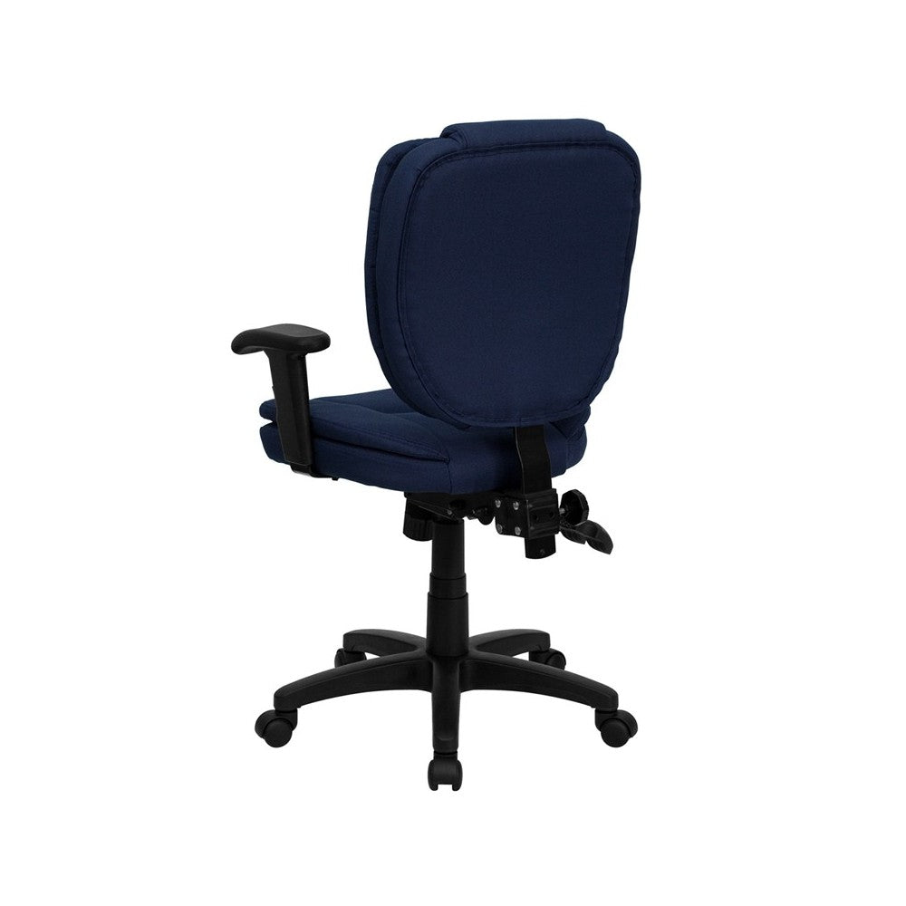 Mid-Back Navy Blue Fabric Multifunction Swivel Ergonomic Task Office Chair with Pillow Top Cushioning and Arms