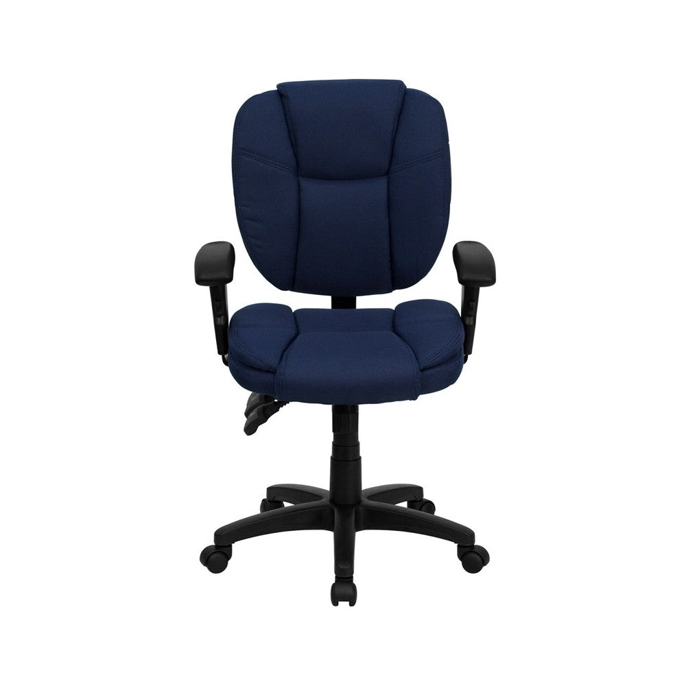 Mid-Back Navy Blue Fabric Multifunction Swivel Ergonomic Task Office Chair with Pillow Top Cushioning and Arms