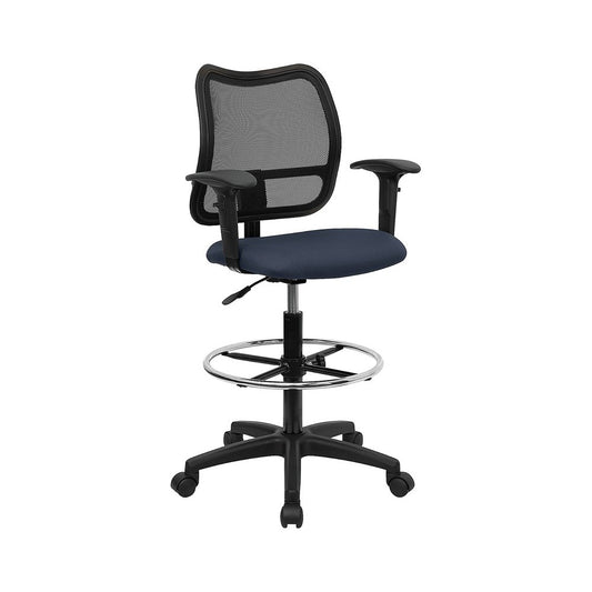 Mid-Back Navy Blue Mesh Drafting Chair with Adjustable Arms